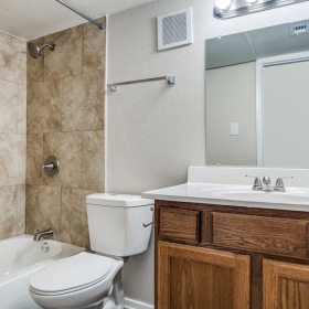 Spacious, well-lit bathroom