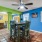 a table in a room with blue walls