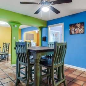 a table in a room with blue walls