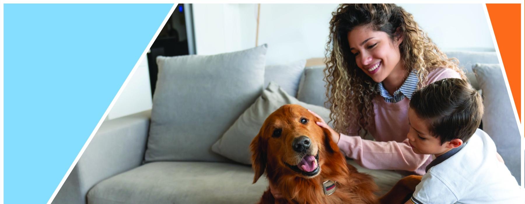 a woman and a boy petting a dog on a couch